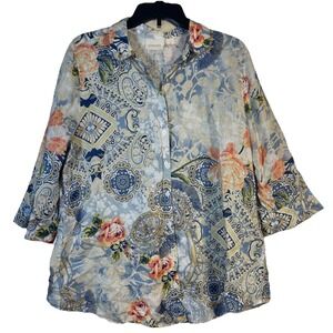 Chicos Womens Effortless Linen Shirt Tunic Floral Paisley Relaxed Boho Sz 2 (LG)